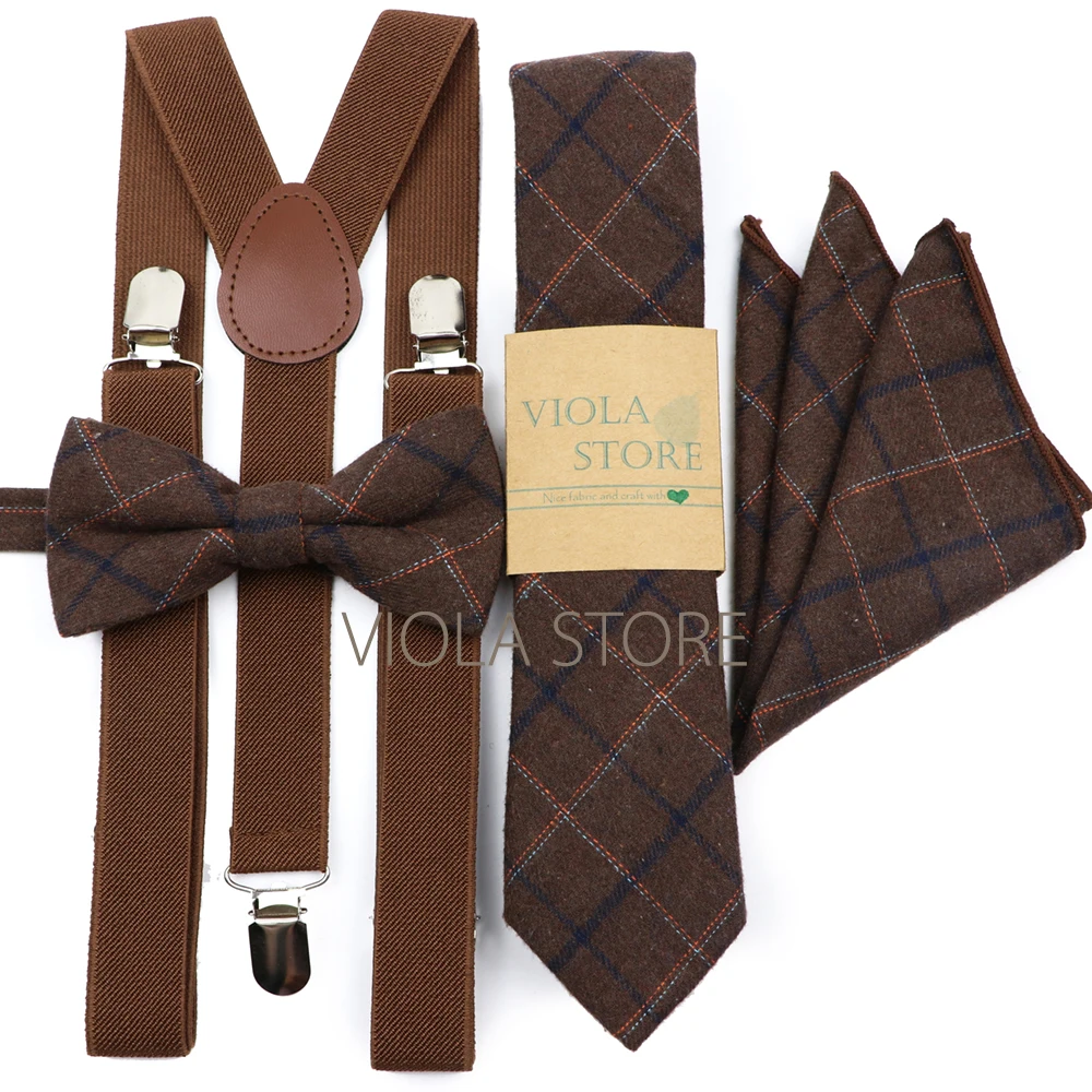 Navy Brown Mint Green Elastic Suspender Plaid Cotton Bow 6cm Tie Pocket Square Set Men Wedding Party Brace Cravat Gift Accessory