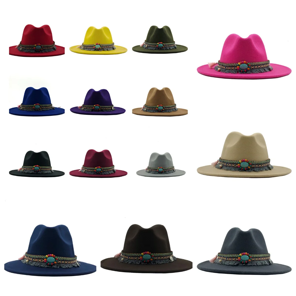 Fedora Hats Women Wholesale 2021 Wide Brim Solid Color Matching Party Trilby Cowboy Cap Wedding Wool Felt Jazz Fedora Hat