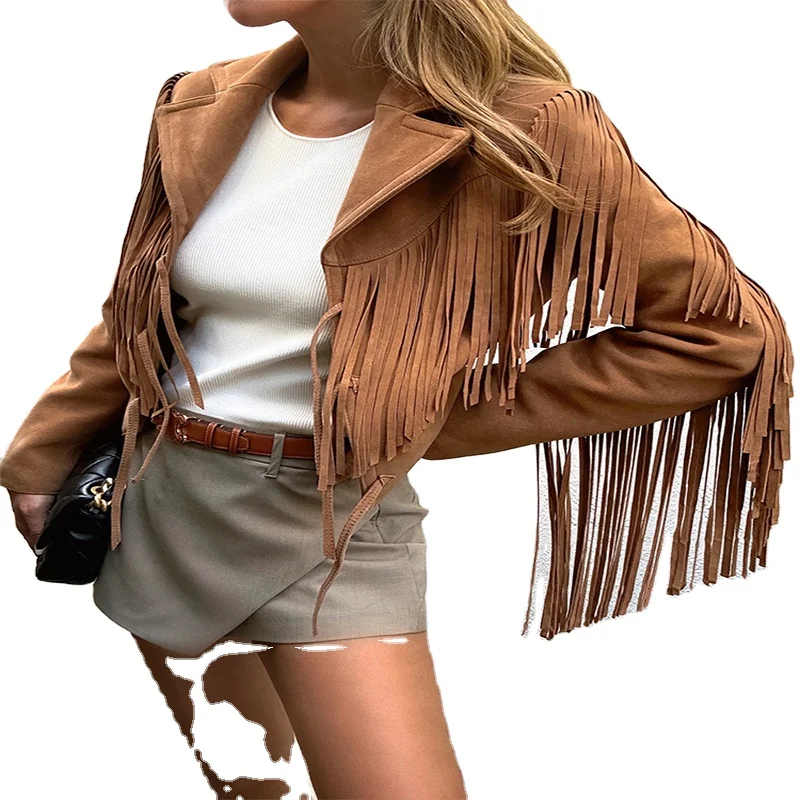 New Custom Women New Fashion Faux Suede Tassel Jackets Lapel Cropped Motorcycle Jacket
