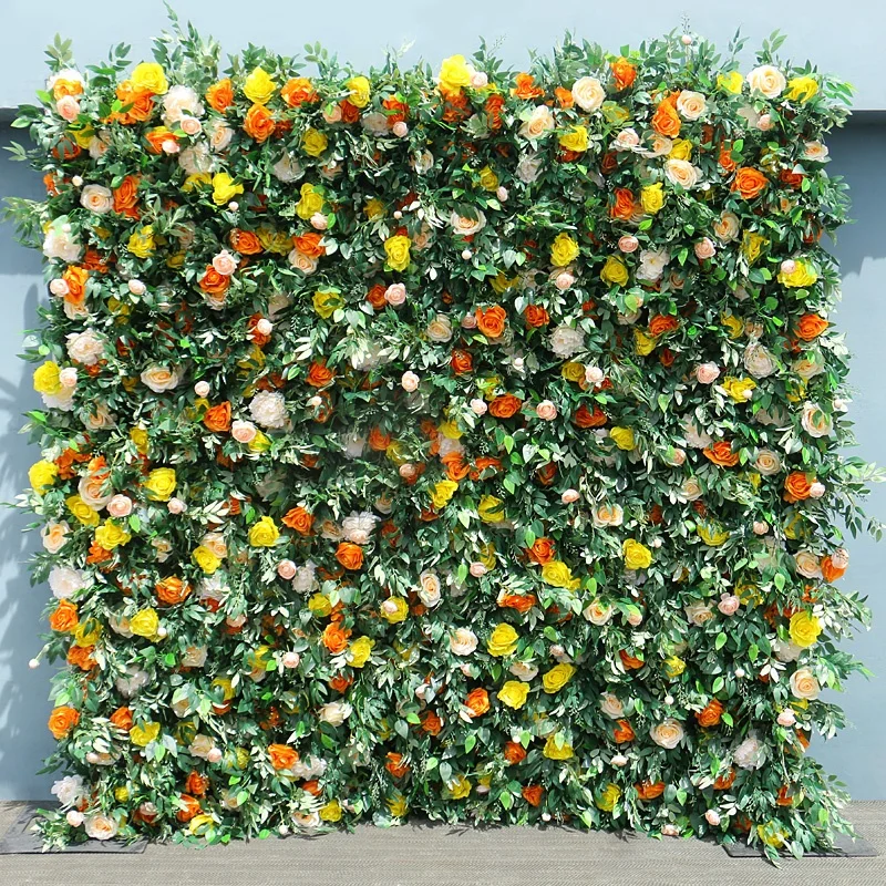 Yellow Orange Rose Green Leaves Artificial Flower Wall Arrangement Cloth Roll Up Hang Flower Wall Wedding Backdrop Decor Prop