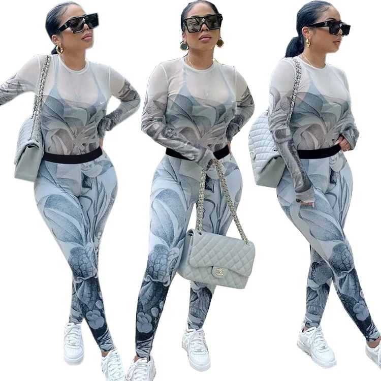 New style tie dye see-through luxury mesh T-shirt and leggings two piece pants set  casual mesh sets 2022 spring women clothing