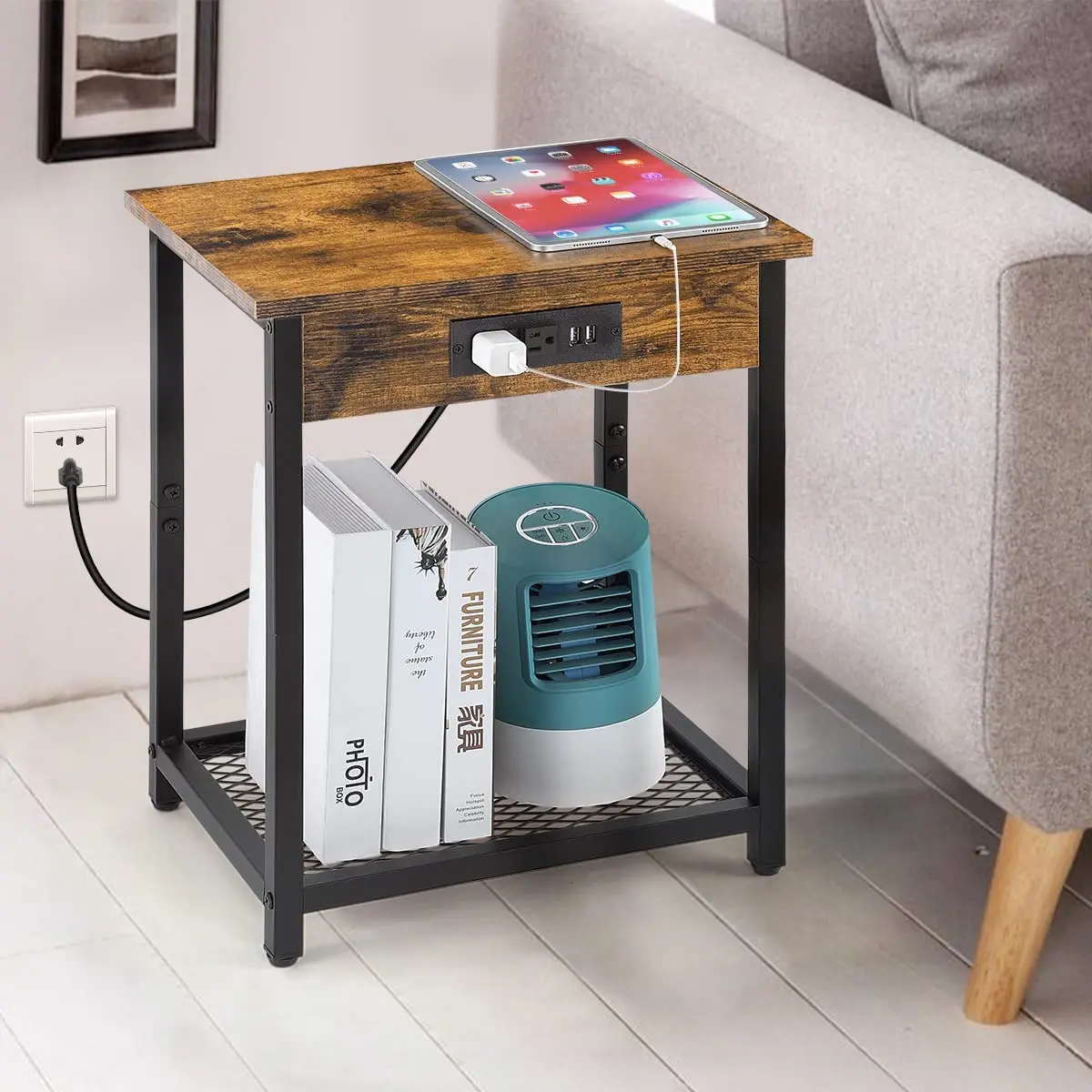 Nightstands Set of 2 End Table with Charging Station USB Ports