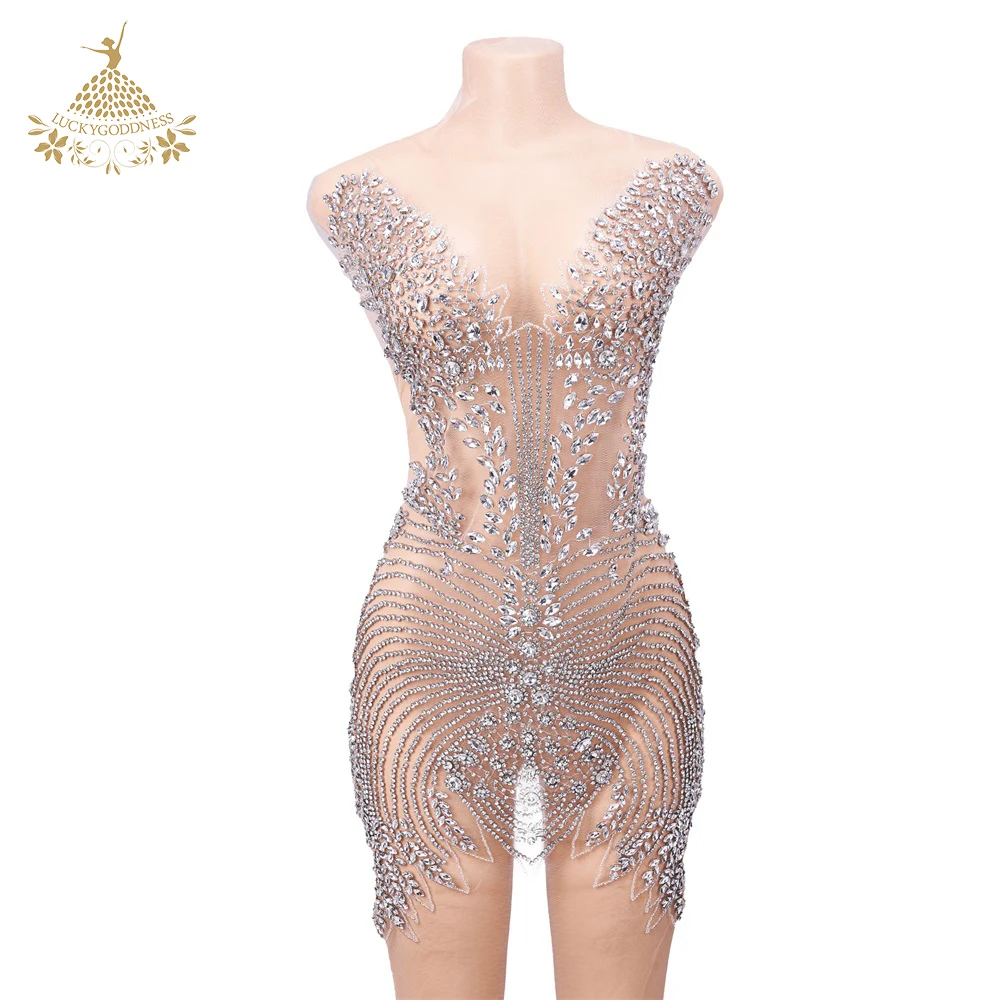 Handmade Silver Rhinestones Applique sew on Glass Beads tube top Bodice Patch for Wedding Bridal Dress DRA-688