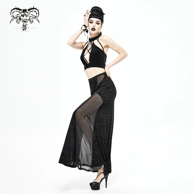 SKT068 Cross shape mesh spliced stretchy Gothic pattern sexy women velvet long half skirt