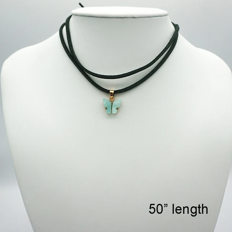 Custom Adjustable Leather Bow Suede Cord with Blue butterfly Rope Choker Necklace