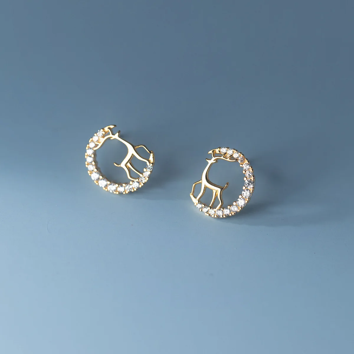 925 Sterling Silver Stud Earrings Christmas Moonlight Elk Sweet Diamond Crescent Antler Earrings