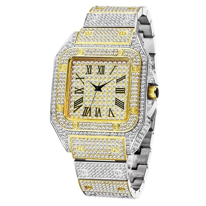 Well-made Full Diamond Quartz Watch Square Gold Wristwatch 30 Meter Waterproof Luxury Watches for Couple Boyfriend Dad Reloj