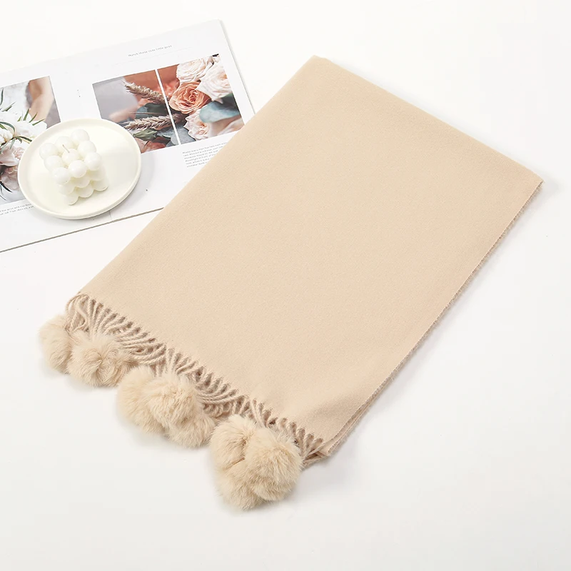 Winter Products 2023 Solid Color Shawl With Fur Ball Casual Warm Pashmina Scarf Women Cashmere Scarf