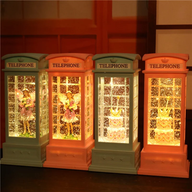 Custom Holiday Home Decoration Telephone Booth Children Gift Resin Craft USB Lighting Musical Snow Globe Lantern