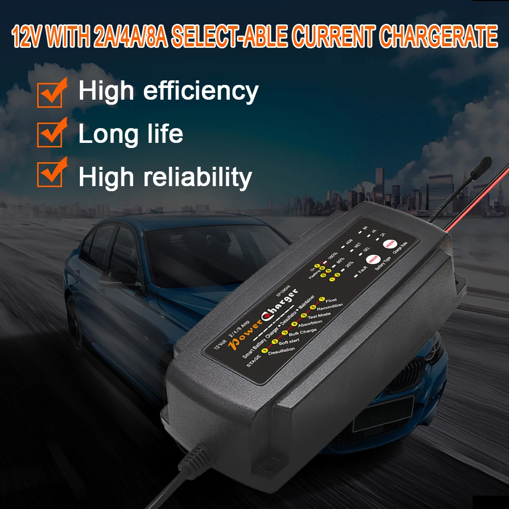7 stages smart battery charger 12V 2A 4A 8A AGM GEL SLA car motorcycle automatic battery charger