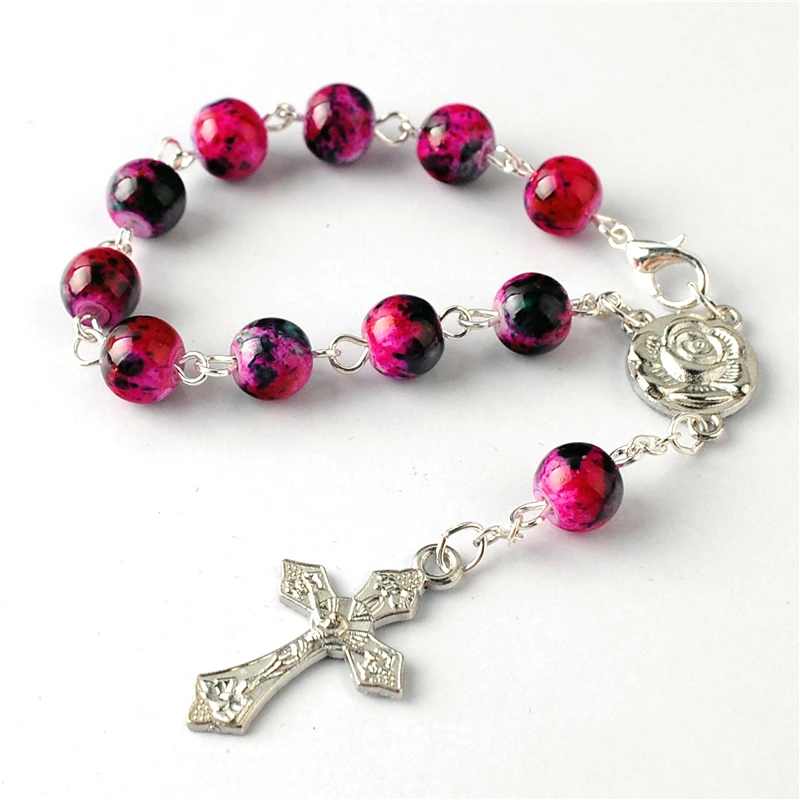 Kingme Fashion Catholic Jewelry 8 mm Glass Beads Cross Rosary Bracelet with Rose Center Piece & Mini Crucifix