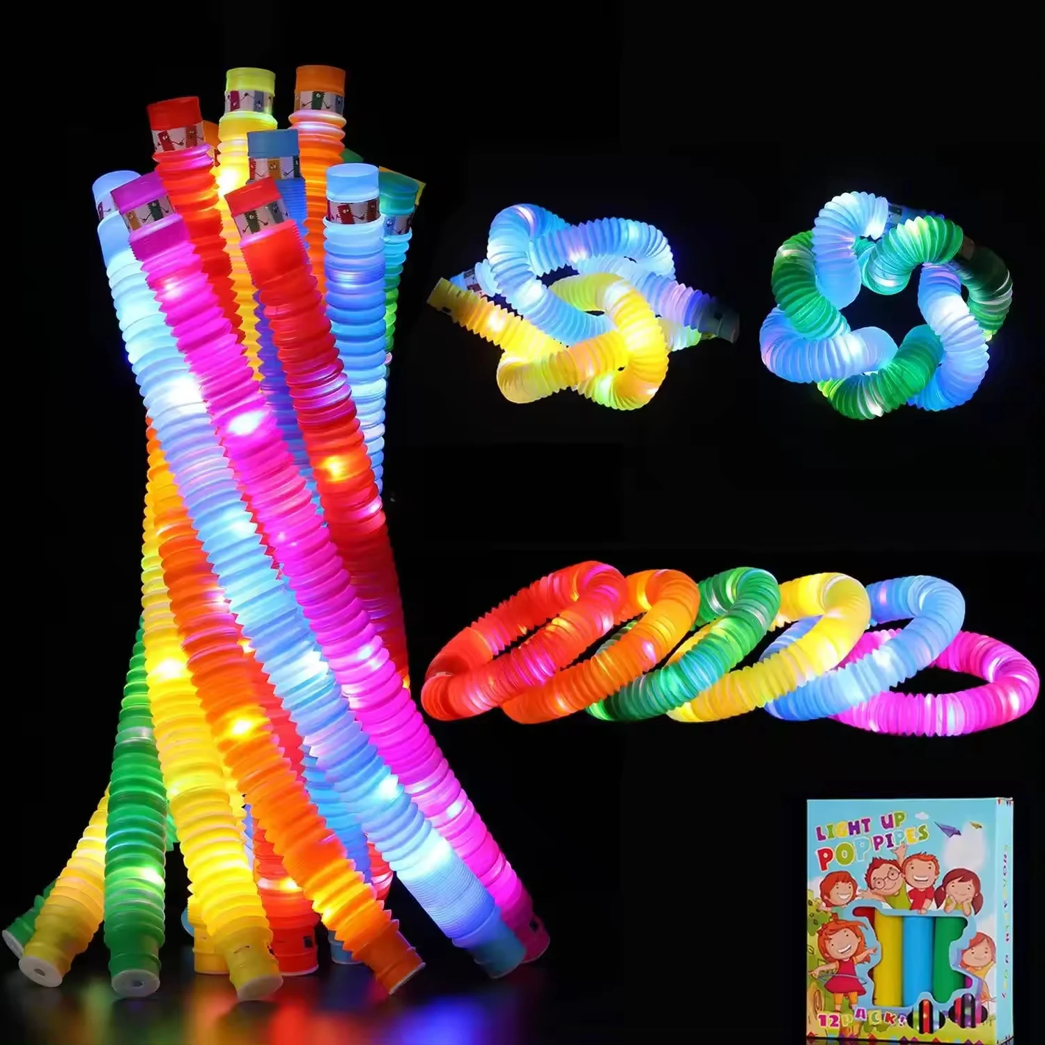 Promotional Educational Toys LED Stretchable Fidget Magic Light-Up Pop Tubes for Kids a Fun Squeeze Toy