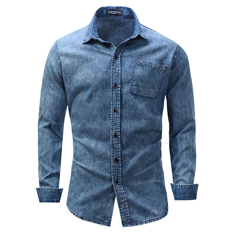 Casual Clothes 100% Cotton Denim Cargo Pockets Long Sleeve washed Jeans Cowboy Shirts For Mens