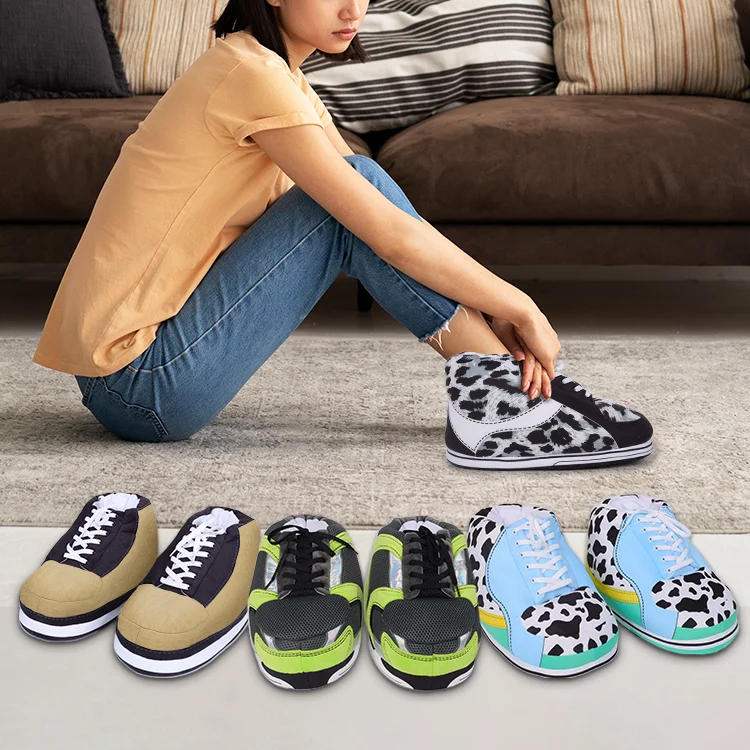 Custom gray leopard plush sneaker slippers custom warm indoor plush sports slippers design your own plush sneaker slippers