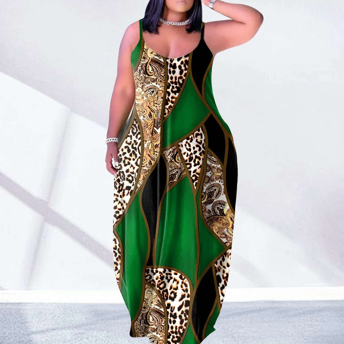 African Style Leopard Print Maxi Dresses Summer Sleeveless Long V Neck Slip Sundress For Women