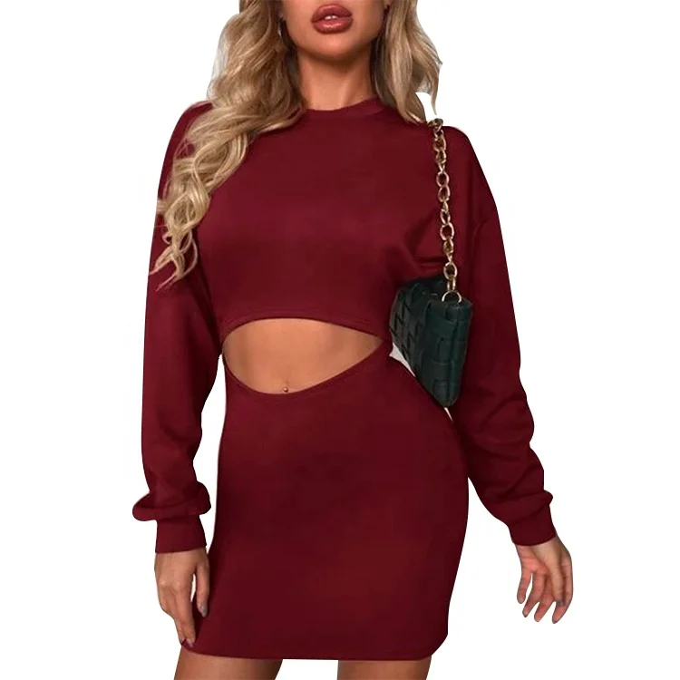 Wholesale Women Loose Long Sleeve Sexy Dress Fashion Round Neck Casual Knitted Sexy Long Full Sleeve Formal Women Dress