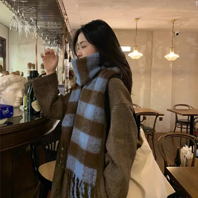 Cute Gift Ladies Windproof Winter Plaid Fringe Tassel Shawls Pashmina Warm Scarf