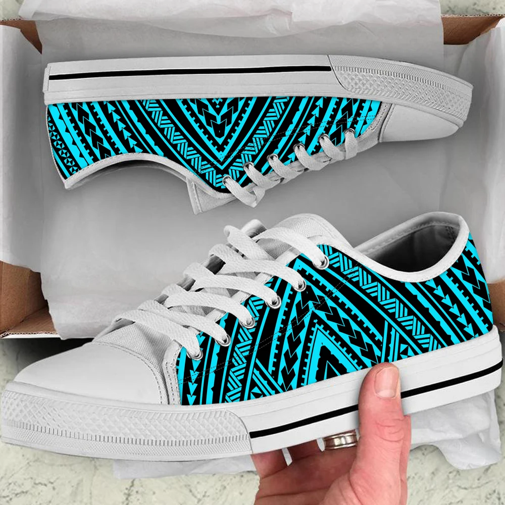 
Blue Polynesian Tribal Custom Logo Printed Low Top Canvas Shoes Woman Casual Lace Up Ladies Sneakers Manufacture POD Wholesale 