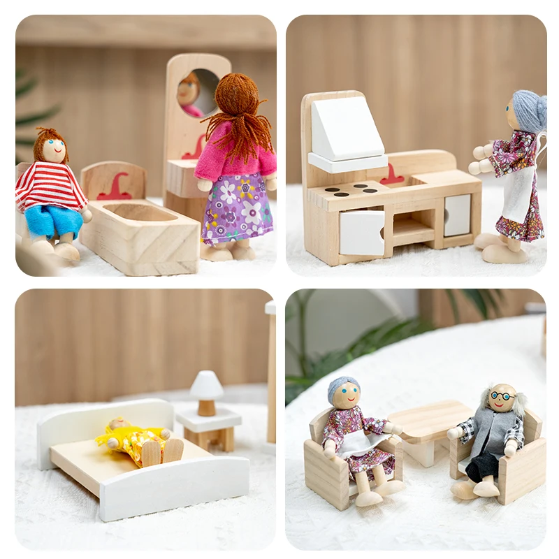 Children wooden mini simulation small furniture set toys girl role play toy small villa decoration accessories wooden diy toy