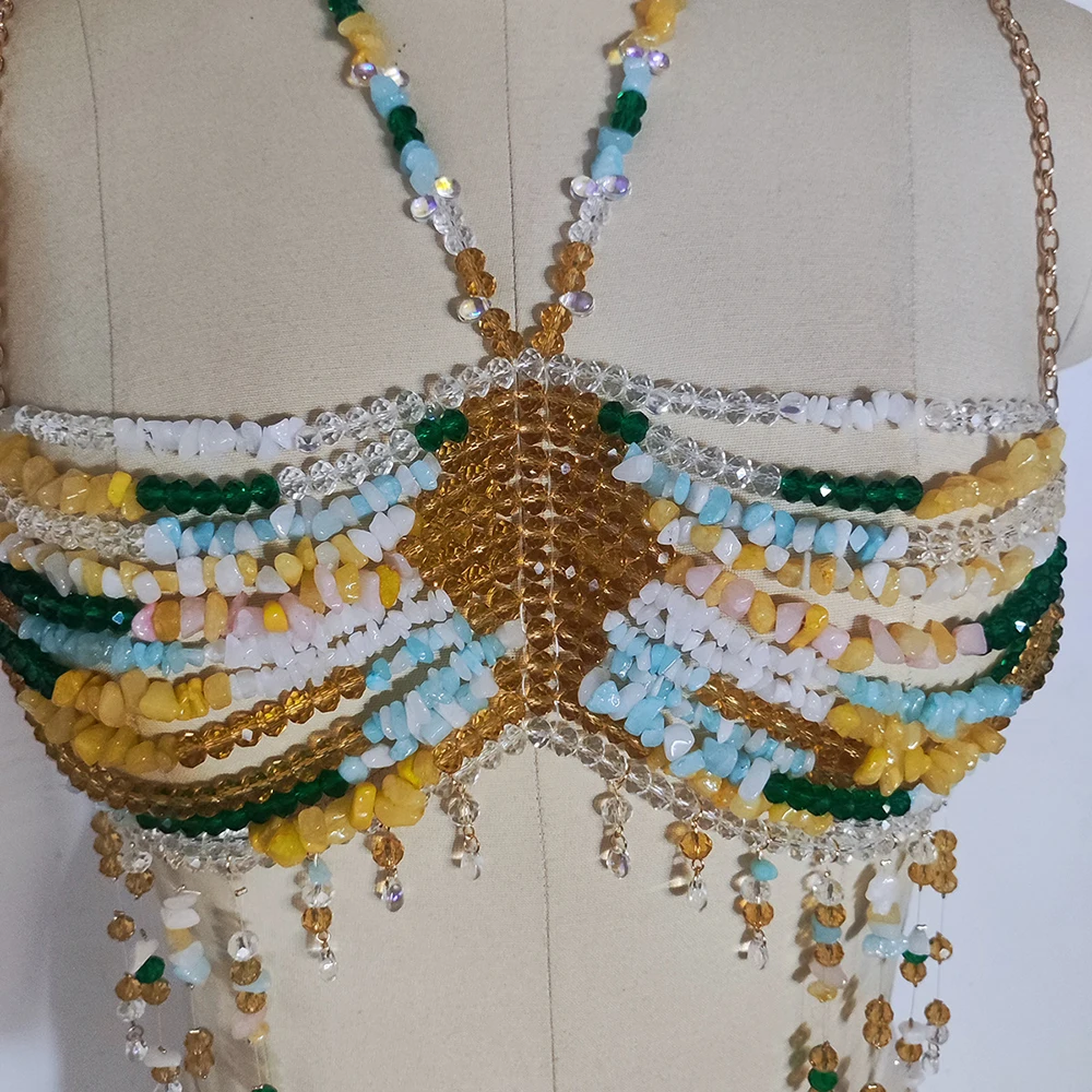 Latest Fashion Sexy Beach Music Festival Gemstone Halter Vest Halter Hollowed Body Chain Beaded Vest Top Bras