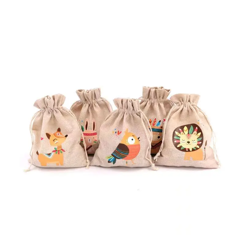 Custom Printed Logo Linen Drawstring Pocket Natural Cotton round Bottom Spot Canvas Packaging Bag for Rice Candy for Shopping
