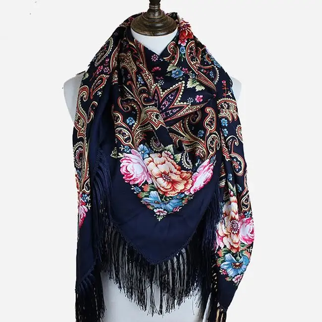 Fashionable Square Style Traditional Flower Print Women Russia Scarf With Tassel