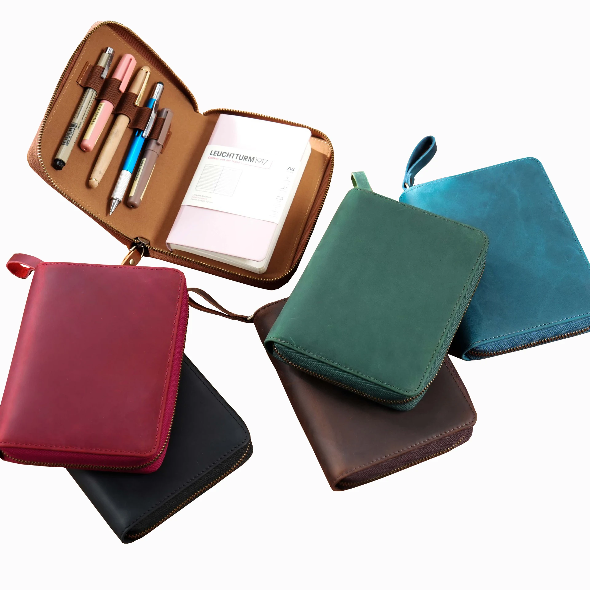 A6 Genuine Leather Notebook With Pen Holders Zipper Bag Journal Diary Writing Note book Laser Engrave Custom LOGO Promotion Gift