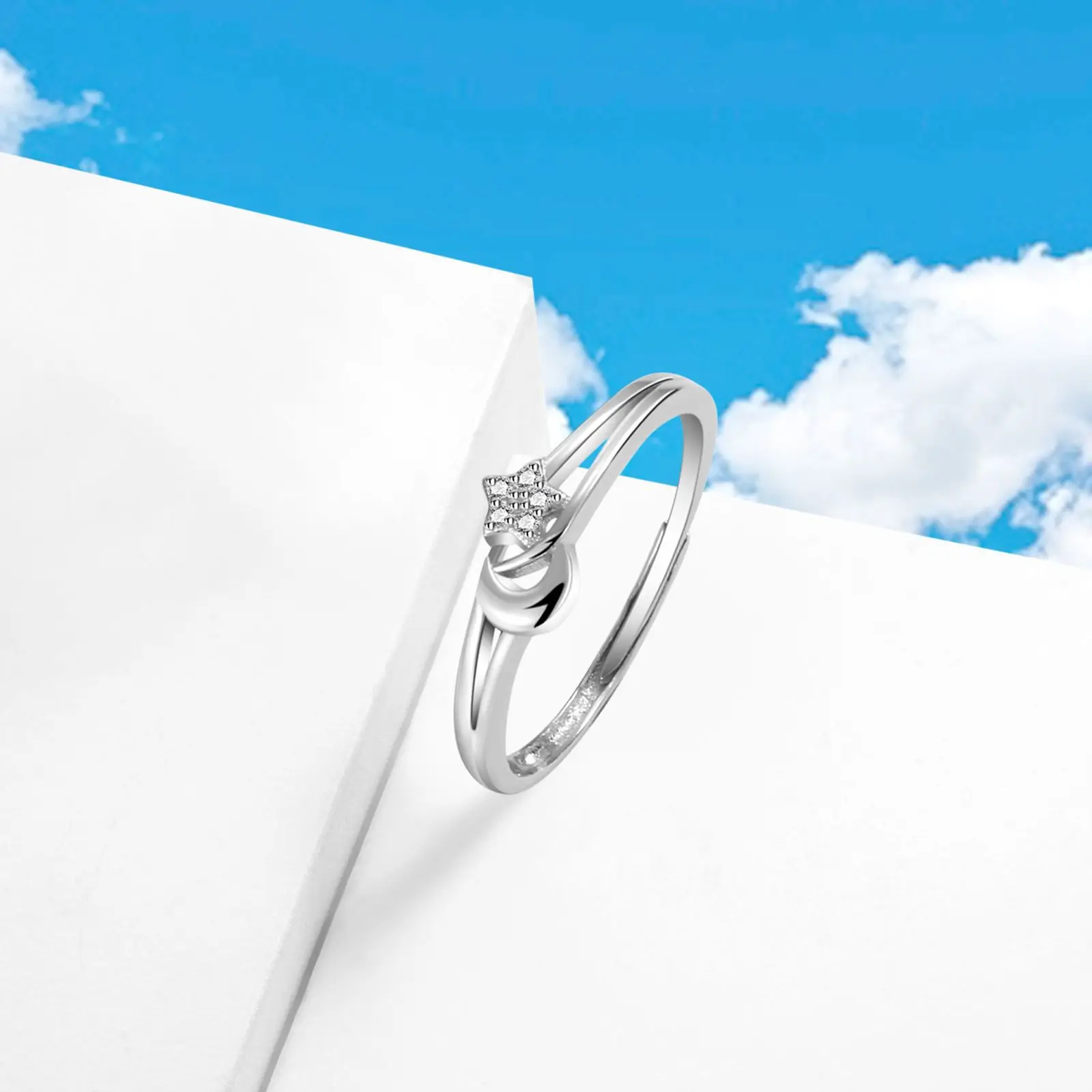 Sun Moon and Stars Couple Open Ring Pair 925 Sterling Silver Light Luxury INS Pair Ring Perfect Gift for Girlfriend