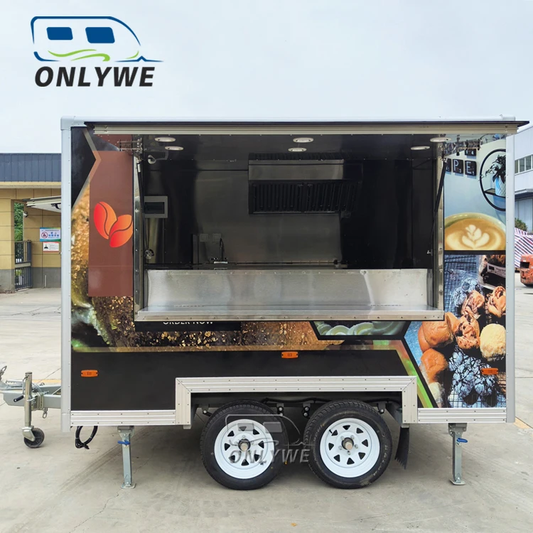 Outdoor mini black mobile coffee trailer cart mobile coffee shop taco ice cream snack fast food shop truck with wheel for sale