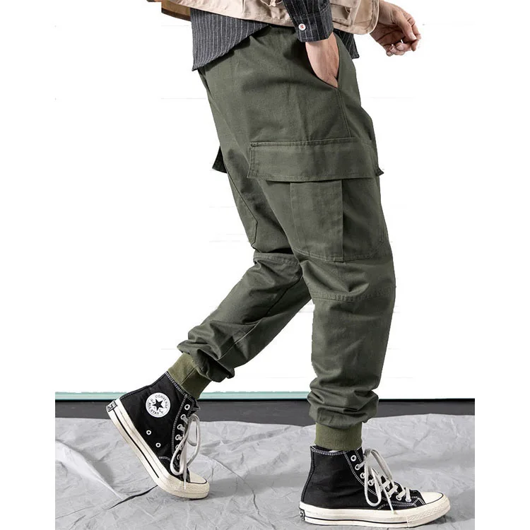 
New fashion 100% Cotton army green big pocketsjogger pants cargo sports pants fashionable trousers 