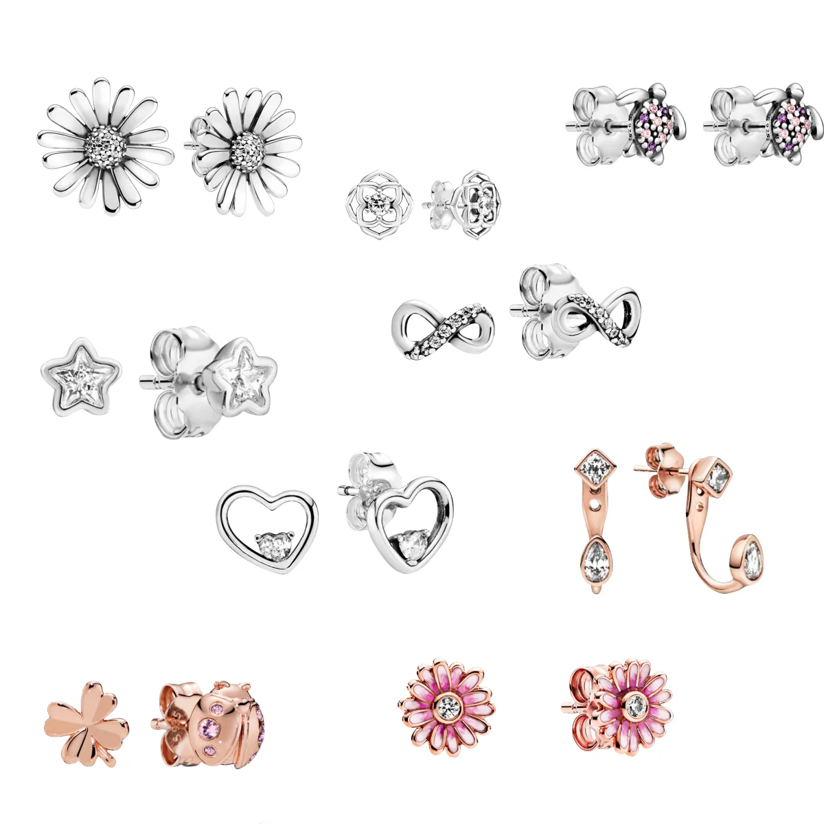 Original 925 Sterling Silver Classic Fashion Brand Spring Flower Love Heart Ear Studs Sea turtle Earrings For Women Jewelry Gift