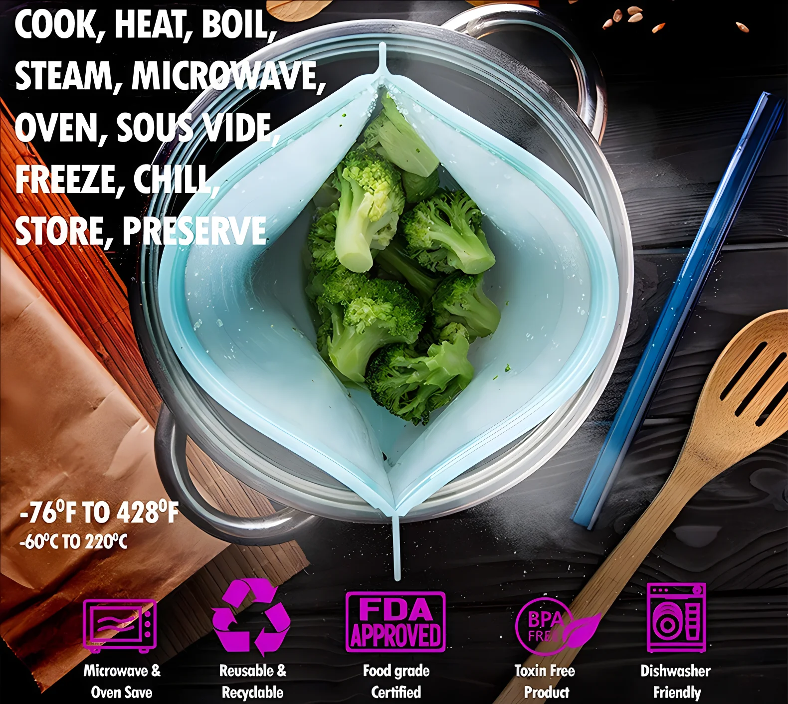 Dishwasher-Safe Lunch Storage Bags Reusable Freezer Bags Silicone Food Storage Bags For microwave oven