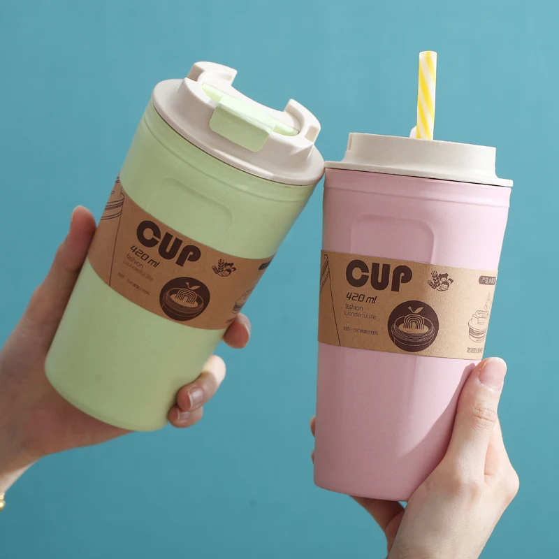 Eco-friendly reusable bamboo fiber tumbler biodegradable coffee cup with wheat straw