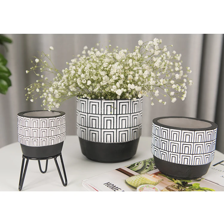 Desktop Round Shaped Cement Decoration Flower Pot Planter Stand Iron Metal
