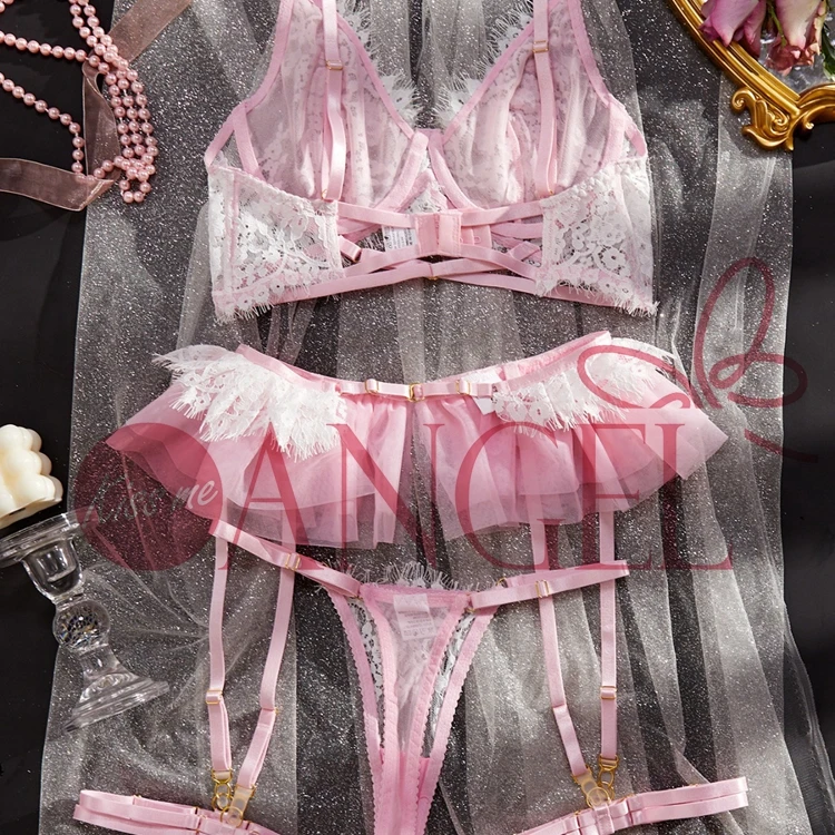 women sexy bra and panty set KISS ME ANGEL OEM lace perspective deep V neck sexy suit lace pleated skirt garter sexy lingerie