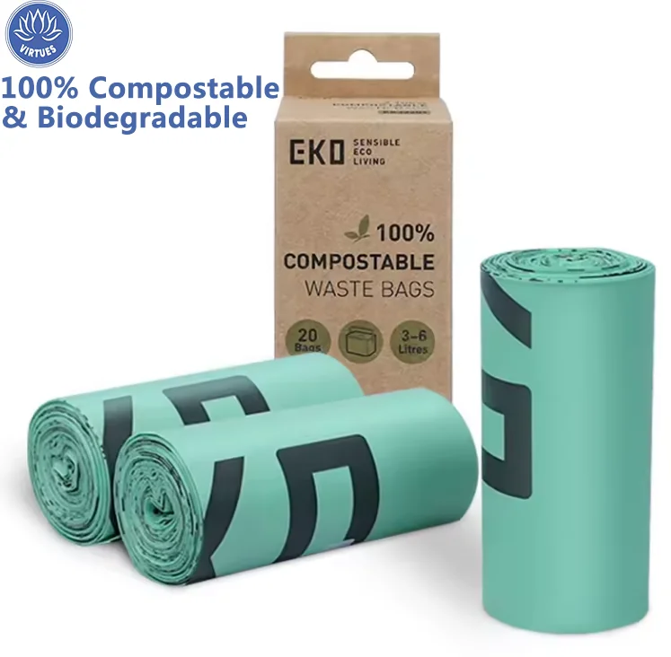 VIRTUES Reusable Compactor Recycled With Own Logo 60 Gallon Big On Roll Drawstring 100% Compostable Biodegradable Garbage Bags