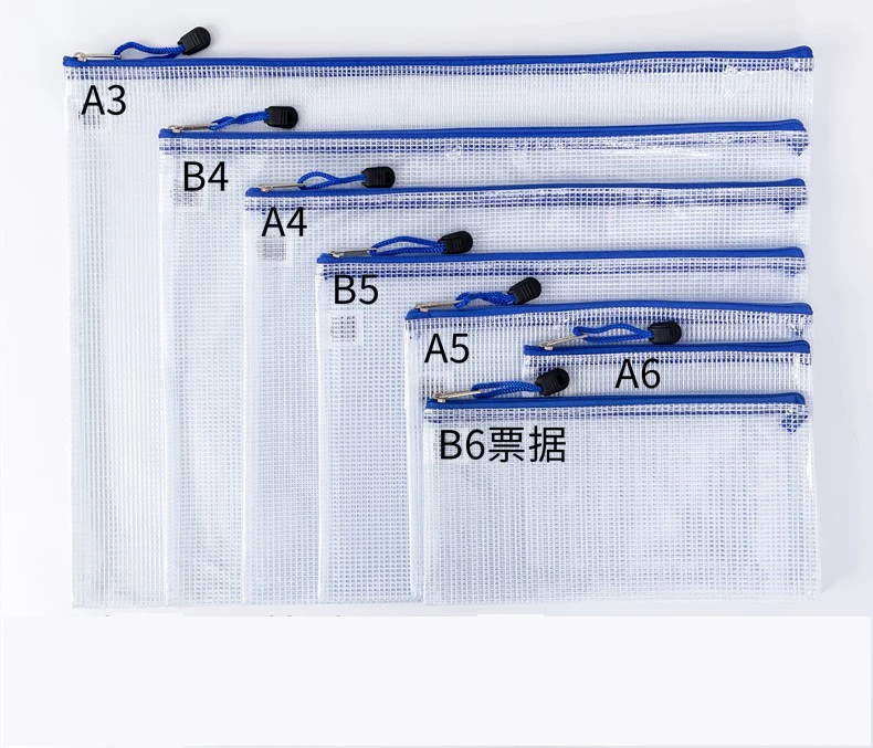 Custom Logo 0.4 Grid Mesh Clear Pvc A3 A5 B4 B5 Zipper File Bag Zipper Card Slot Transparent Document Bag for School Office