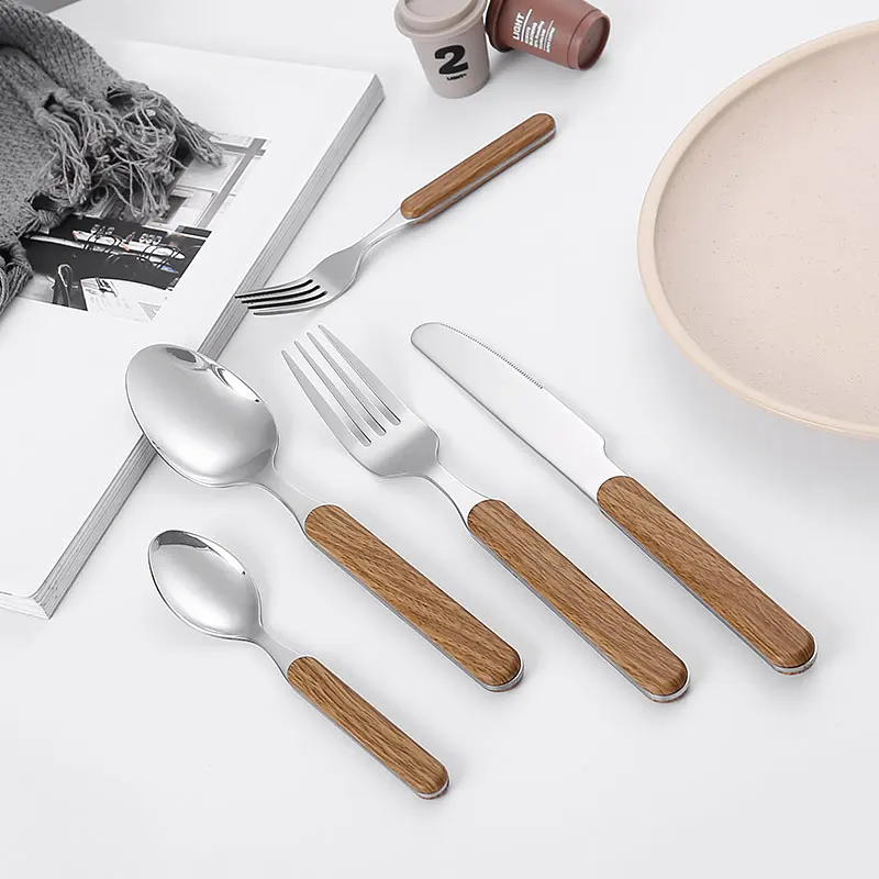 Wholesale Stainless Steel Knife Fork Spoon Set with Wooden Handle Home Kitchen Restaurant Food Grade Stainless Steel Cutlery