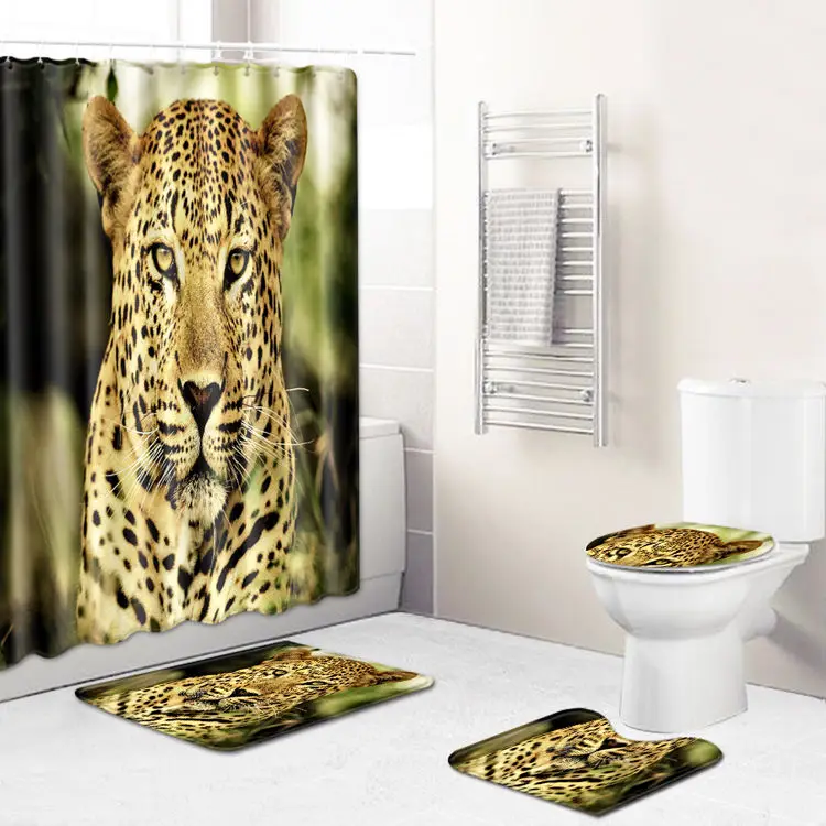 Hot selling leopard print shower curtains four piece bathroom set non slip floor mat toilet door carpet mat