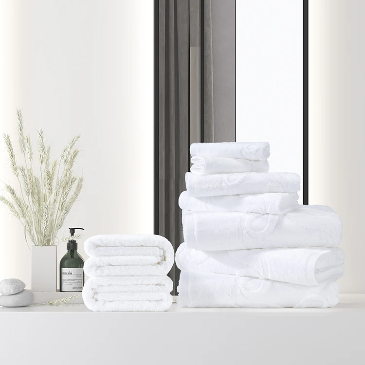 Wholesale Price  100% Cotton White 5 Star Hotel  Embossed Towel Linen Set
