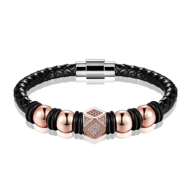 European Fashionable Private Label Natural Gem Stone Multi Layer Beaded Braided Leather Wrap Bracelet
