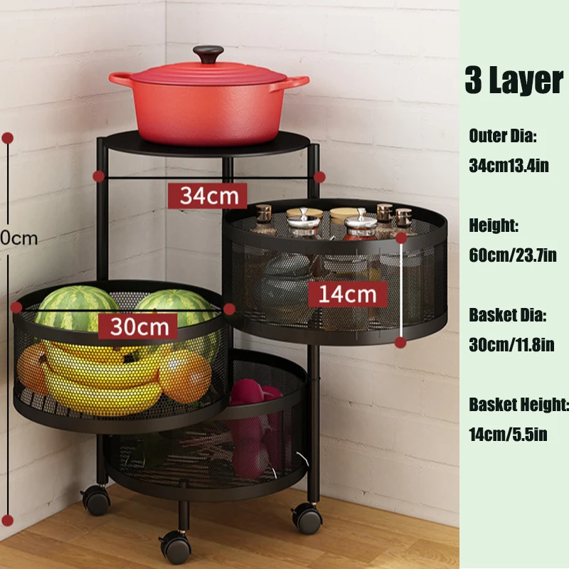 Factory price 2/3/4/5 tier Round Rotating Storage Rack for Kitchen Potato Fruit Vegetable Rotating Shelf Rack with mesh Basket