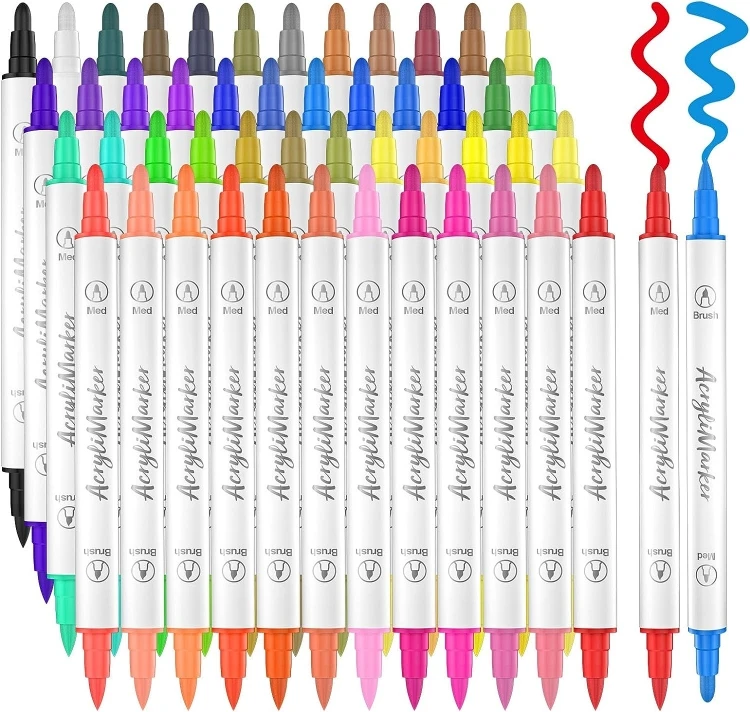 48 Colors Acrylic Paint Pens Markers, Dual Tip with Medium Tip and Brush Tip Paint Pens for Painting, Stone, Wood, Metal, Glass