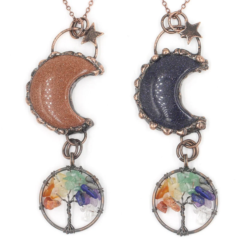 Wholesale Healing Tree of Life Pendant Vintage Copper Natural Crystal Rose Quartz Moon Necklace for Gift