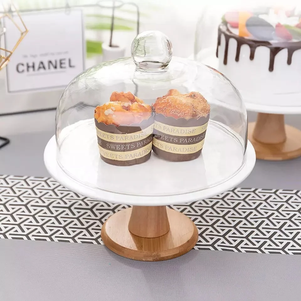 Home Hotel Store European Dustproof Display Glass Cover Cake Decorations ceramic Cake Stand With Glass Cover