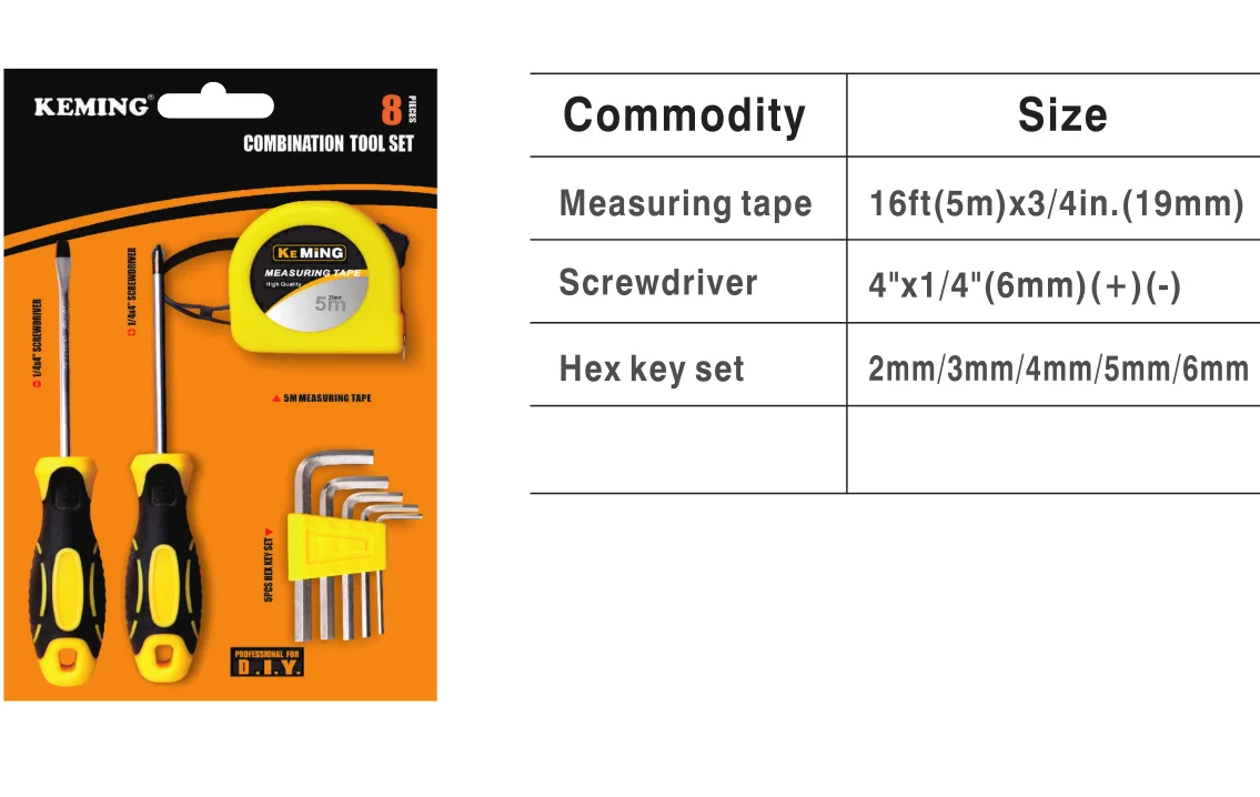 Screwdriver Hexagonal Spanner Tape Measure Set Hand Tools Factory Heavy Duty Double Blister Packing Set Tools