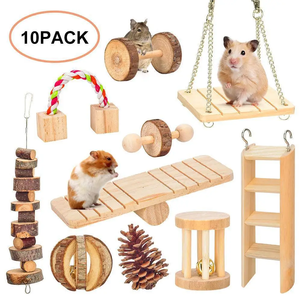 Amazon Hot- Selling  10 Pcs Set Pine Guinea Pigs Rats Chinchillas Toy Accessories Pet Hamster Chew Toys