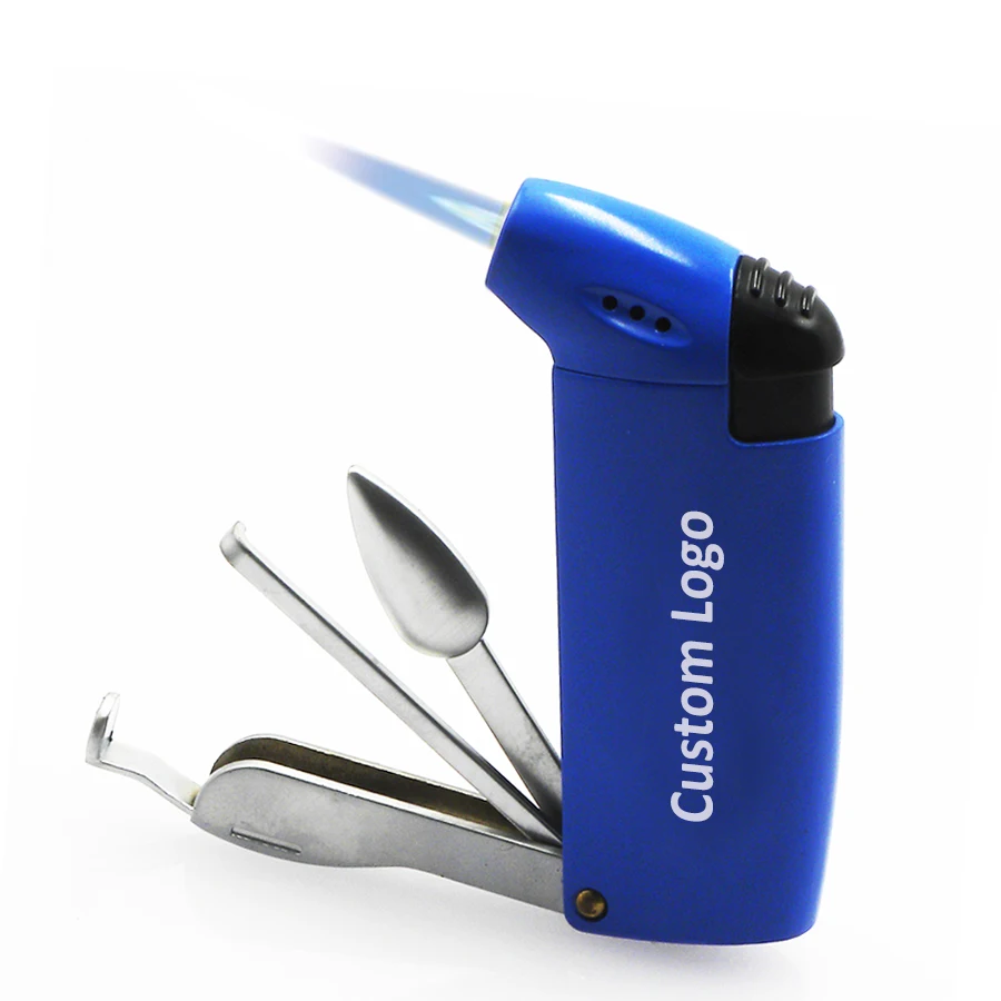 Refillable multifunctional gas butane angled soft flame 3 in 1 cigarette cigar lighter with 3 cleaner tools