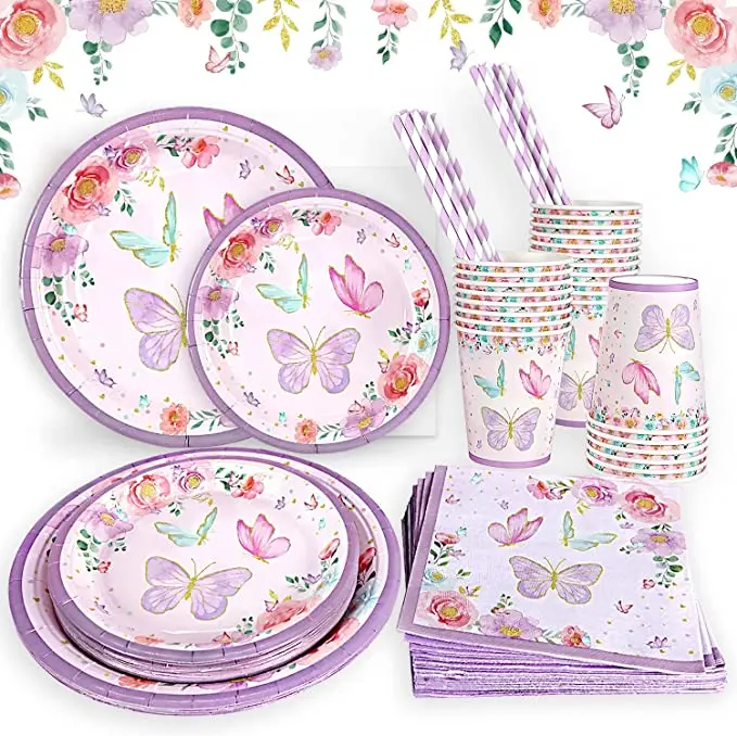 Butterfly Birthday Party Supplies decorations Girls Tableware Set Baby Shower Plates