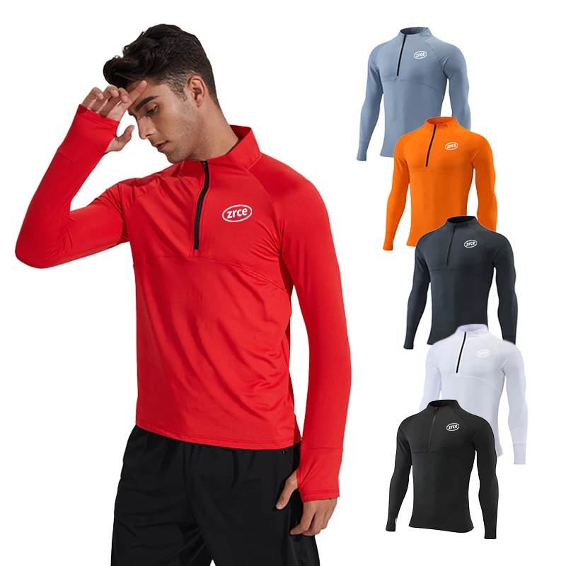 Costom Logo 1/4 Zip Stand Up Collar Quick Dry T-shirt Reflective Strip Long Sleeve Men T Shirt With Thumb Hole